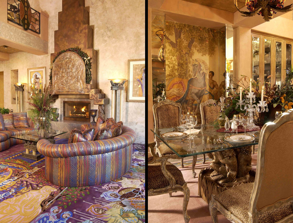 Ispirazione per una sala da pranzo aperta verso la cucina eclettica con pareti beige, moquette e pavimento multicolore