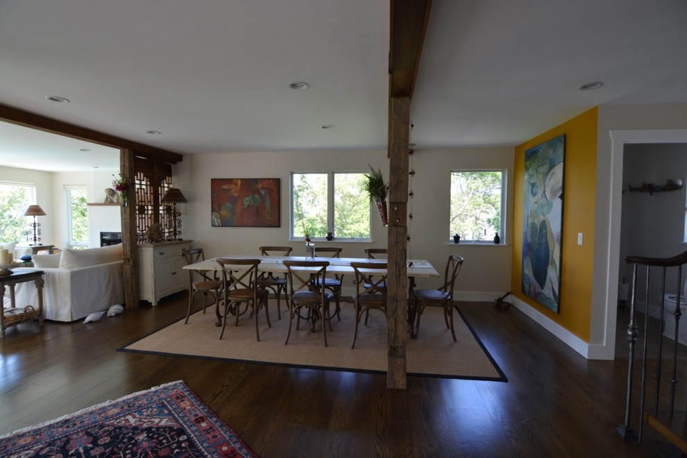 Inspiration for a large eclectic dark wood floor and brown floor kitchen/dining room combo remodel in Boston with beige walls and no fireplace