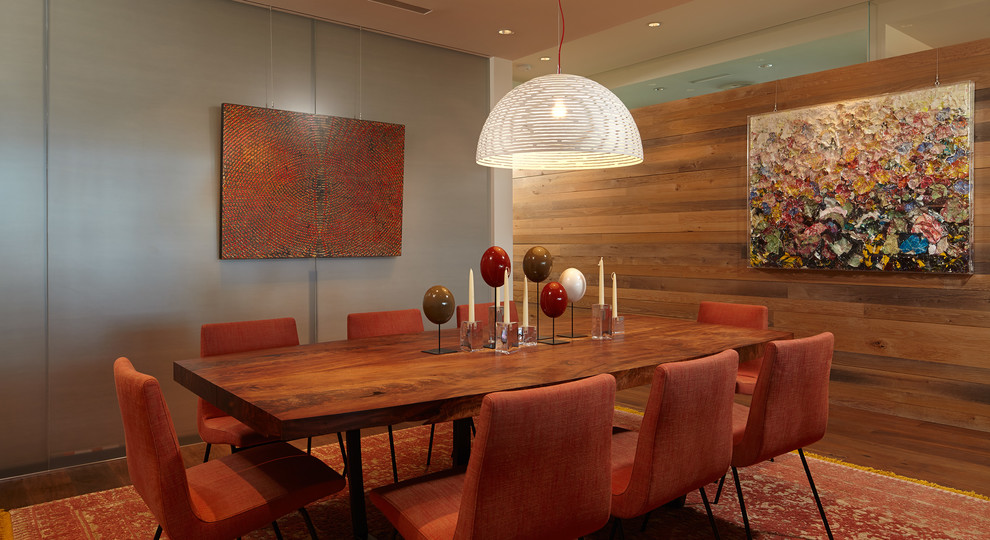 Example of a trendy dining room design in Minneapolis with gray walls