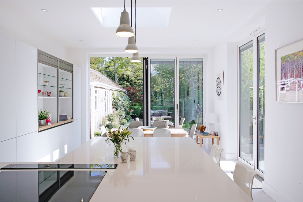 Свежая идея для дизайна: большая кухня-столовая в стиле модернизм с белыми стенами, полом из керамической плитки и серым полом - отличное фото интерьера