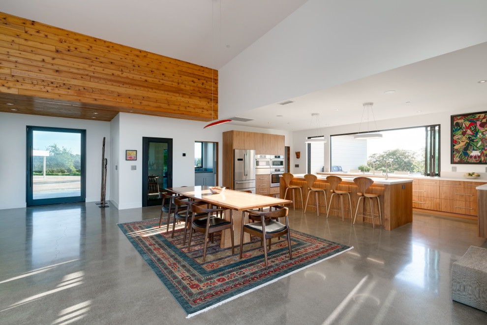 Idee per una sala da pranzo aperta verso il soggiorno design di medie dimensioni con pavimento in cemento