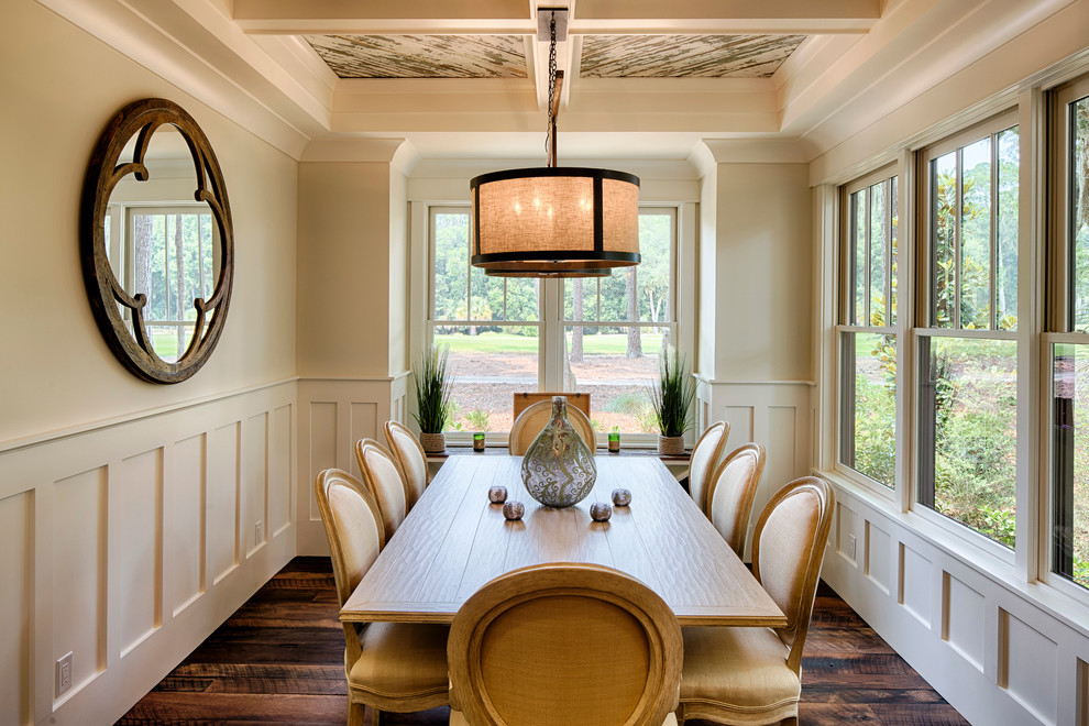 Example of a mid-sized classic dark wood floor enclosed dining room design in Grand Rapids with beige walls
