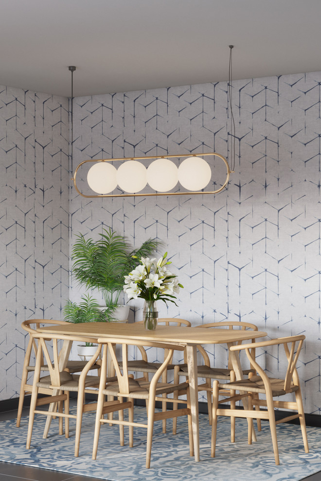 Foto di una sala da pranzo scandinava chiusa e di medie dimensioni con pareti blu e pavimento con piastrelle in ceramica