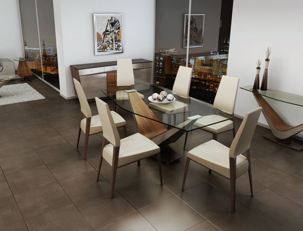 Exempel på en mellanstor modern matplats med öppen planlösning, med vita väggar, klinkergolv i keramik och grått golv