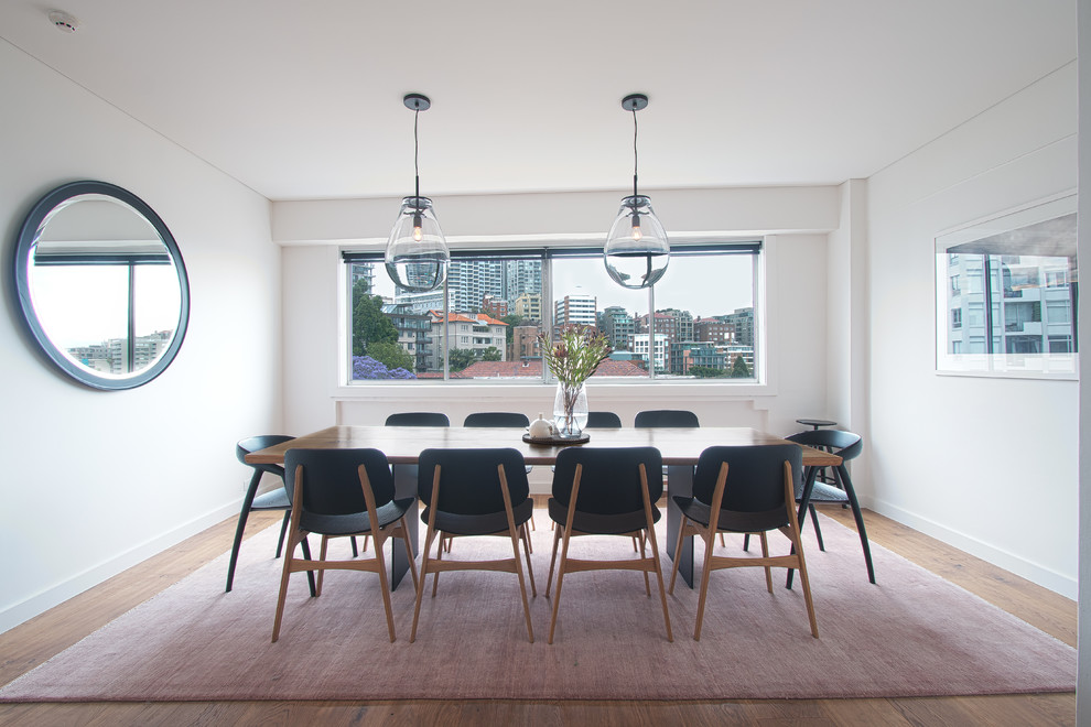 Dining room - scandinavian medium tone wood floor and brown floor dining room idea in Sydney with white walls