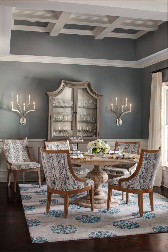 Example of a mid-sized classic dark wood floor dining room design in Atlanta with gray walls