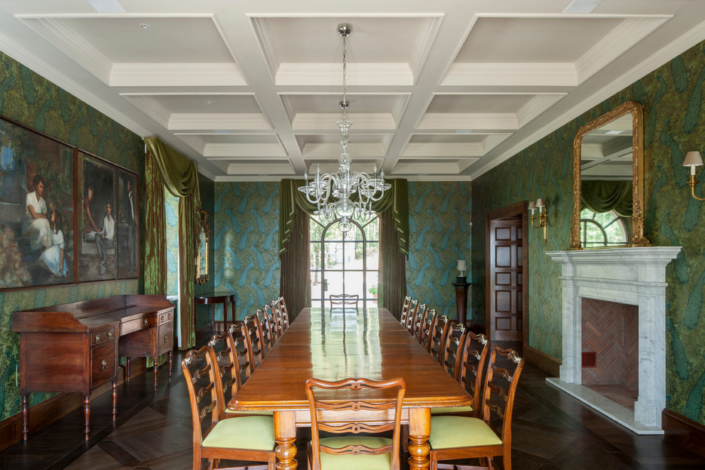 This is an example of a large farmhouse dining room in London with multi-coloured walls and dark hardwood flooring.