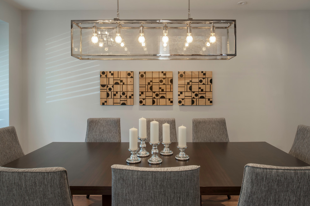 Esempio di una grande sala da pranzo aperta verso la cucina minimalista con pareti grigie, pavimento in legno massello medio e pavimento marrone