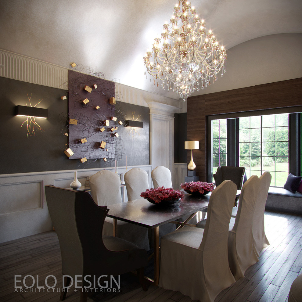 Design ideas for a large contemporary enclosed dining room in Miami with grey walls and dark hardwood flooring.