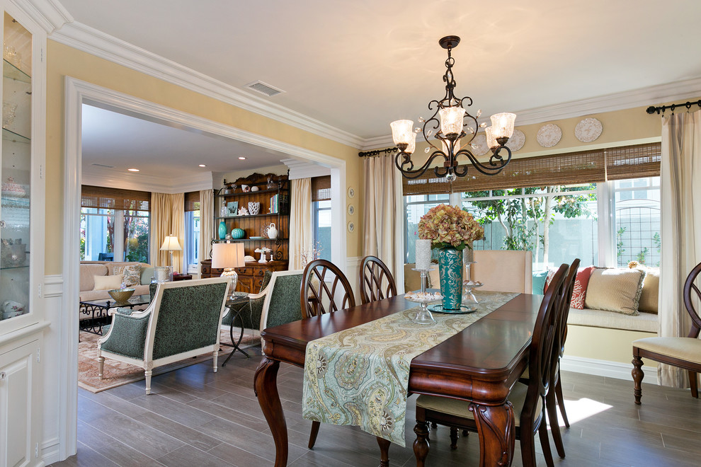 Inspiration for a medium sized classic kitchen/dining room in San Diego with yellow walls and porcelain flooring.