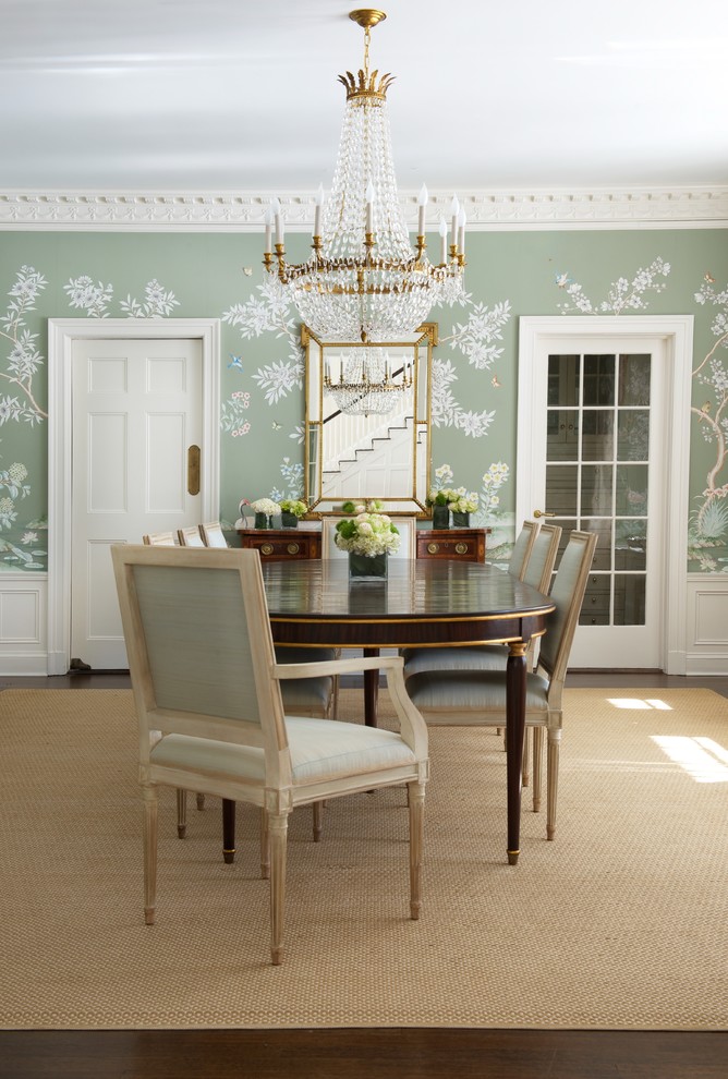 Design ideas for a traditional dining room in New York with dark hardwood flooring.