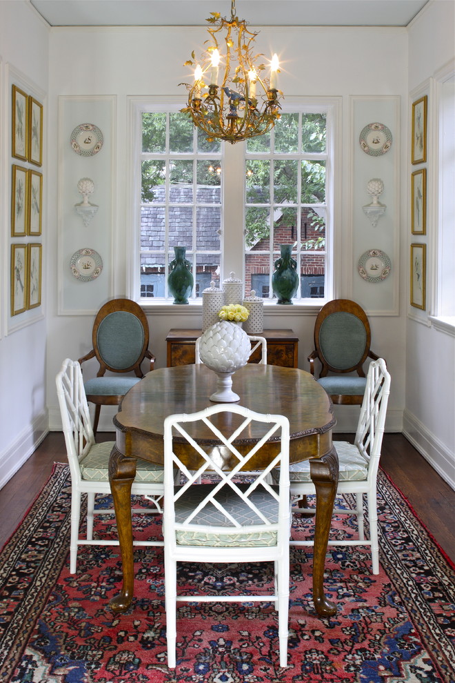 Large elegant dark wood floor kitchen/dining room combo photo in Atlanta with white walls