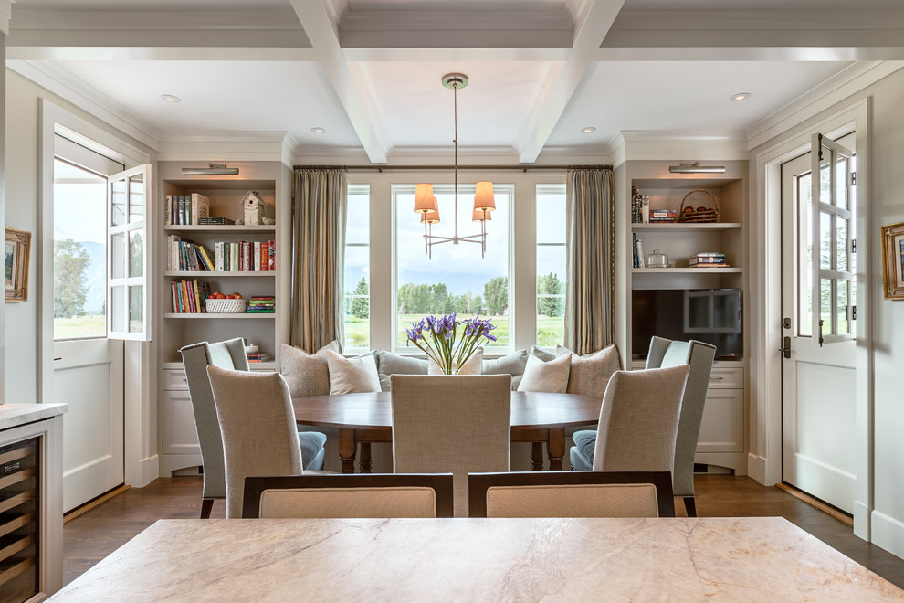 Inspiration for a traditional kitchen/dining room in Other with grey walls and dark hardwood flooring.