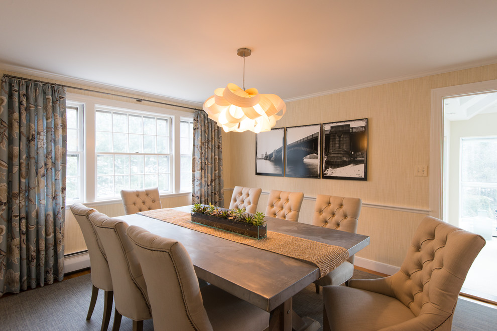 Mid-sized transitional medium tone wood floor kitchen/dining room combo photo in Boston with beige walls and no fireplace