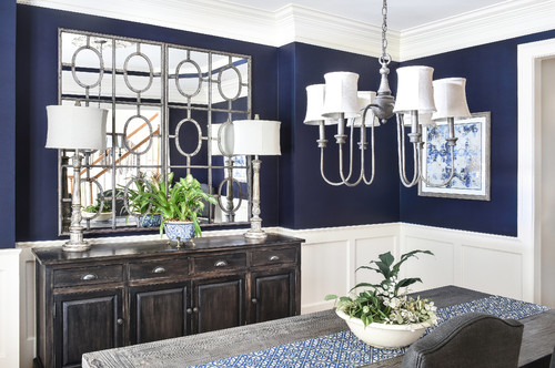 dining room with wainscoting and blue wallpaper and silver lighting