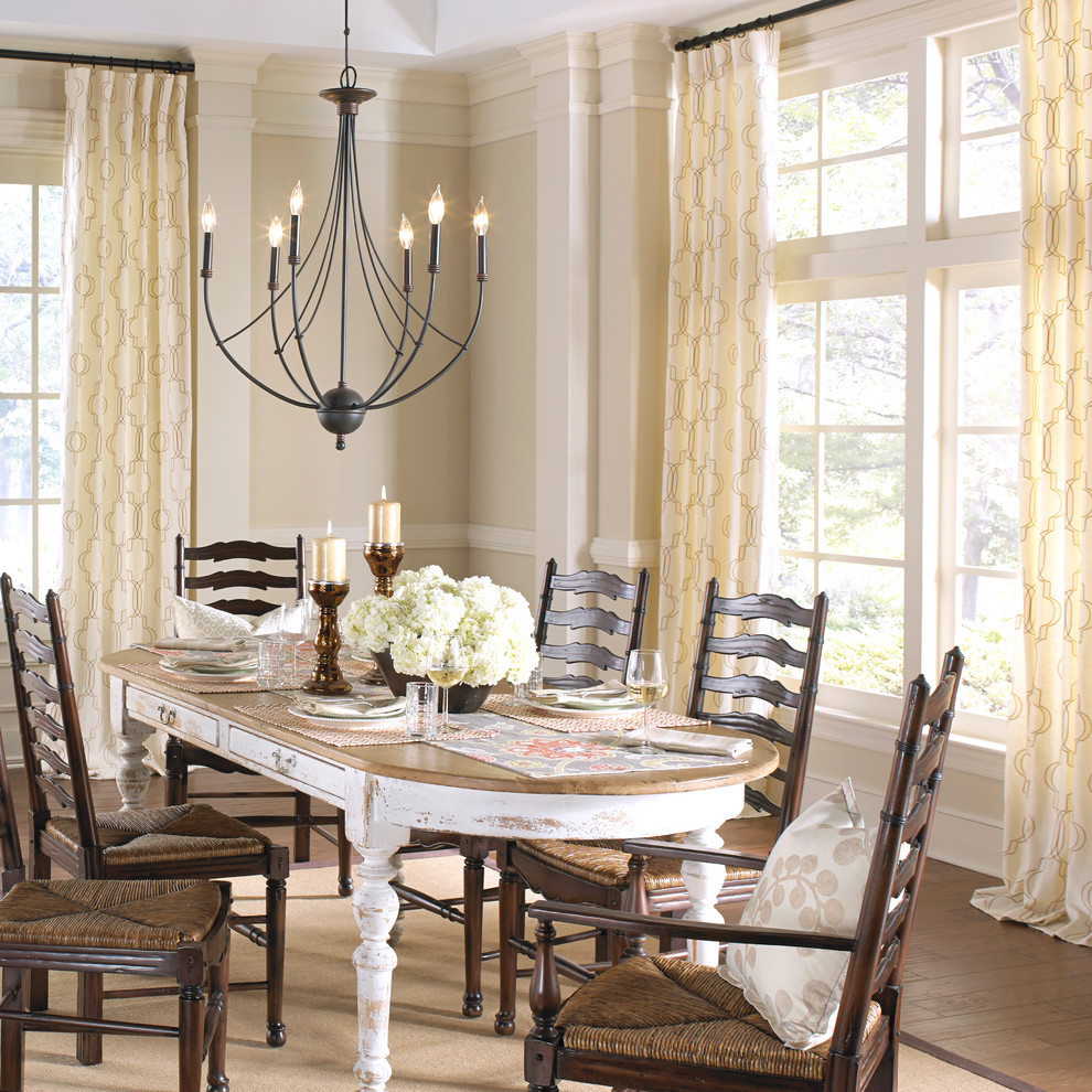 Inspiration for a medium sized farmhouse dining room in Nashville with beige walls and dark hardwood flooring.