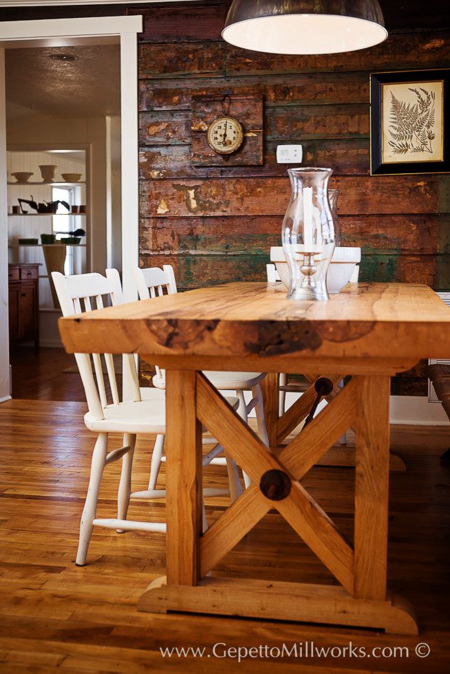 Immagine di una sala da pranzo aperta verso la cucina country di medie dimensioni con pareti multicolore, pavimento in legno massello medio e nessun camino