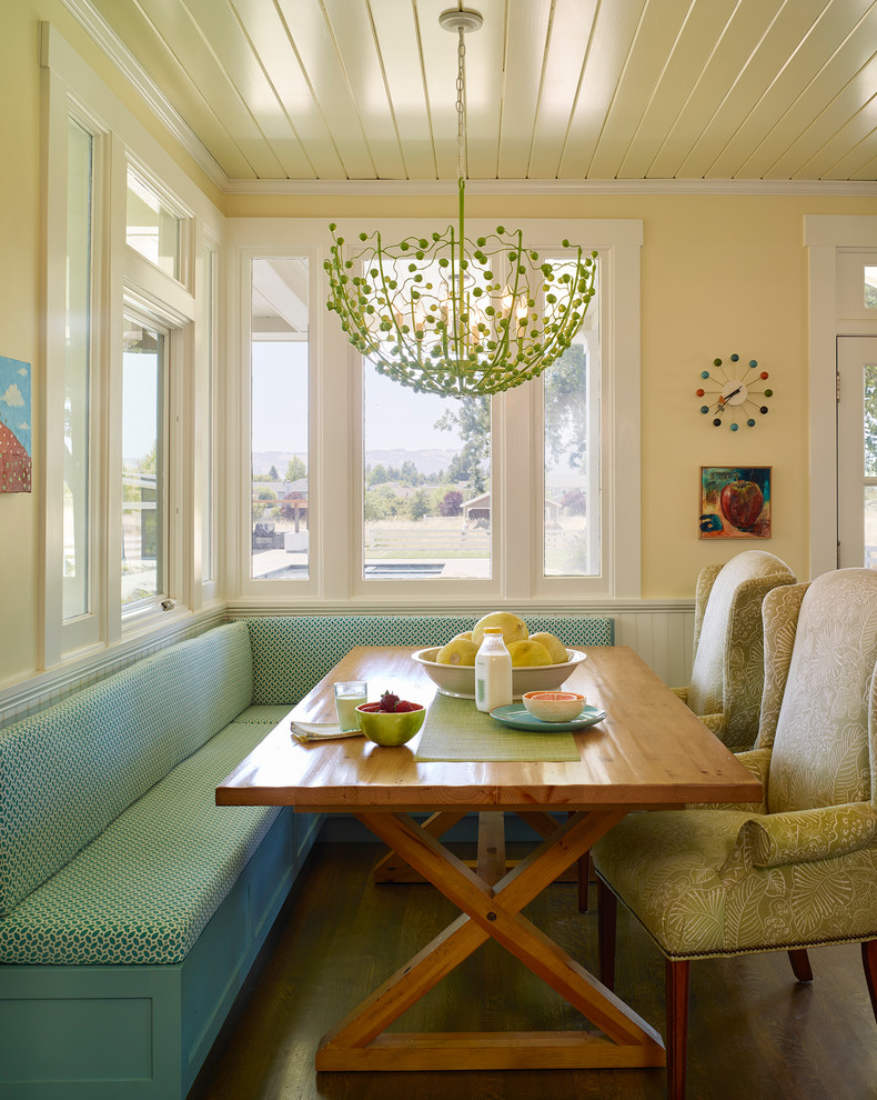 Rural dining room in San Francisco with yellow walls and dark hardwood flooring.