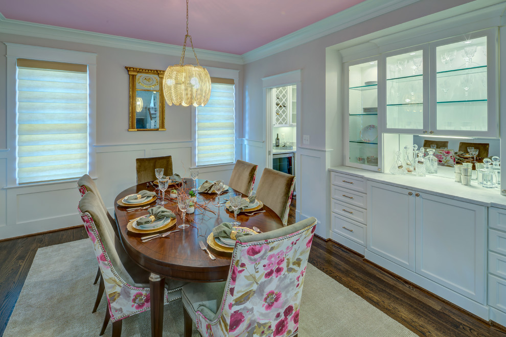 Mid-sized transitional dark wood floor enclosed dining room photo in DC Metro with pink walls and no fireplace