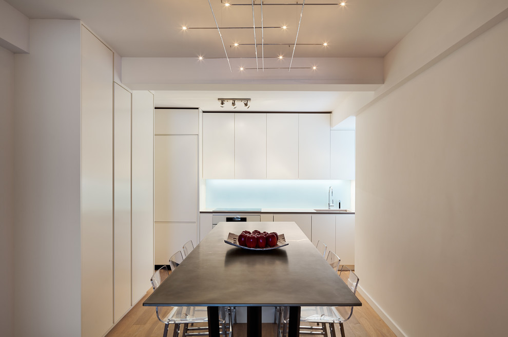 This is an example of a medium sized contemporary kitchen/dining room in New York with light hardwood flooring, white walls and no fireplace.