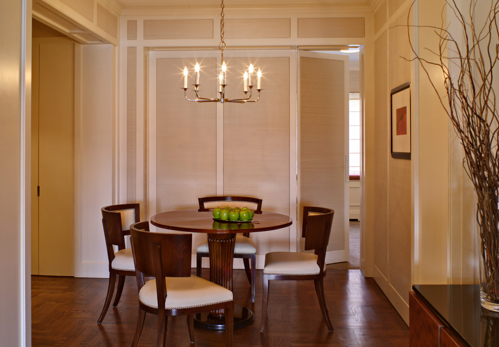 Dining room - mid-sized traditional dark wood floor dining room idea in New York with beige walls and no fireplace