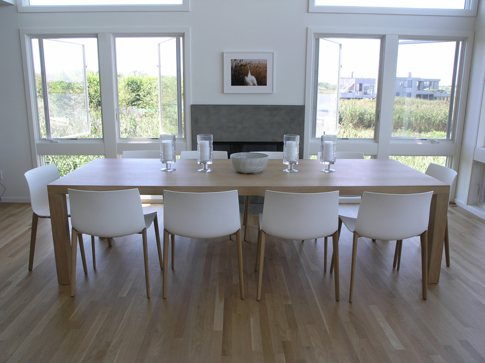 Inspiration for a large contemporary light wood floor dining room remodel in New York with white walls, a standard fireplace and a stone fireplace