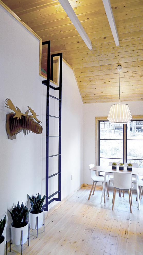 Immagine di una piccola sala da pranzo aperta verso la cucina nordica con pareti bianche, parquet chiaro e pavimento beige