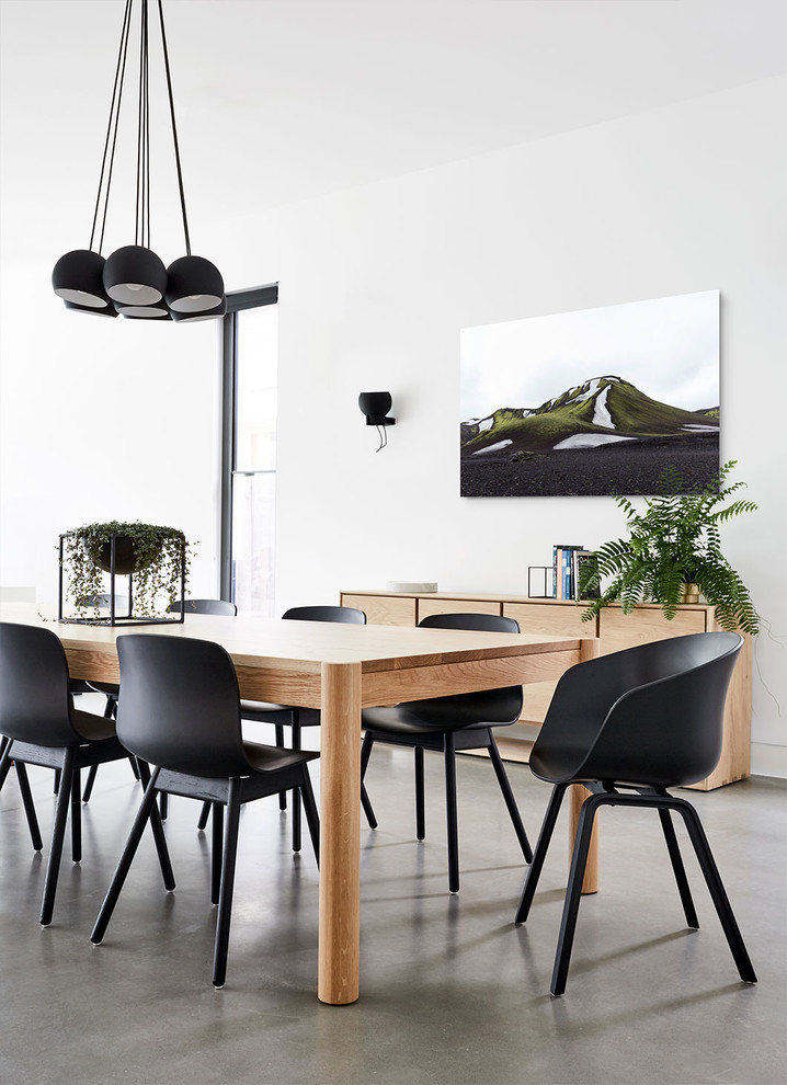 Cette image montre une salle à manger design fermée avec sol en béton ciré, un mur blanc et un sol gris.