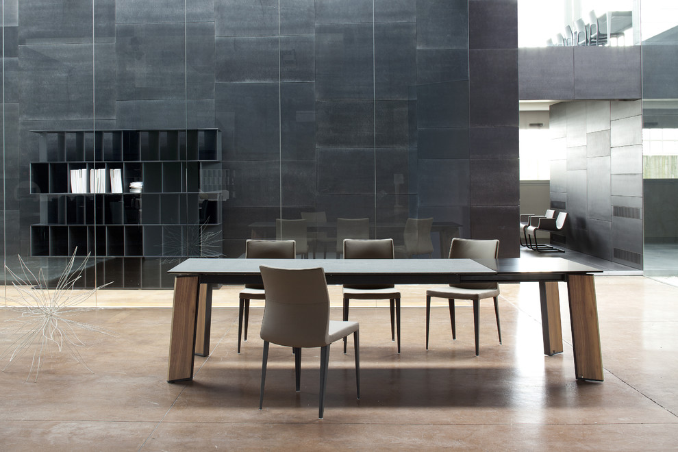 Diseño de comedor actual extra grande abierto con paredes grises, suelo de cemento y suelo marrón