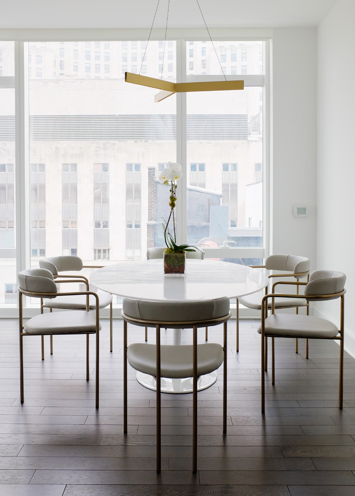Aménagement d'une salle à manger moderne avec un mur blanc, parquet foncé et un sol marron.