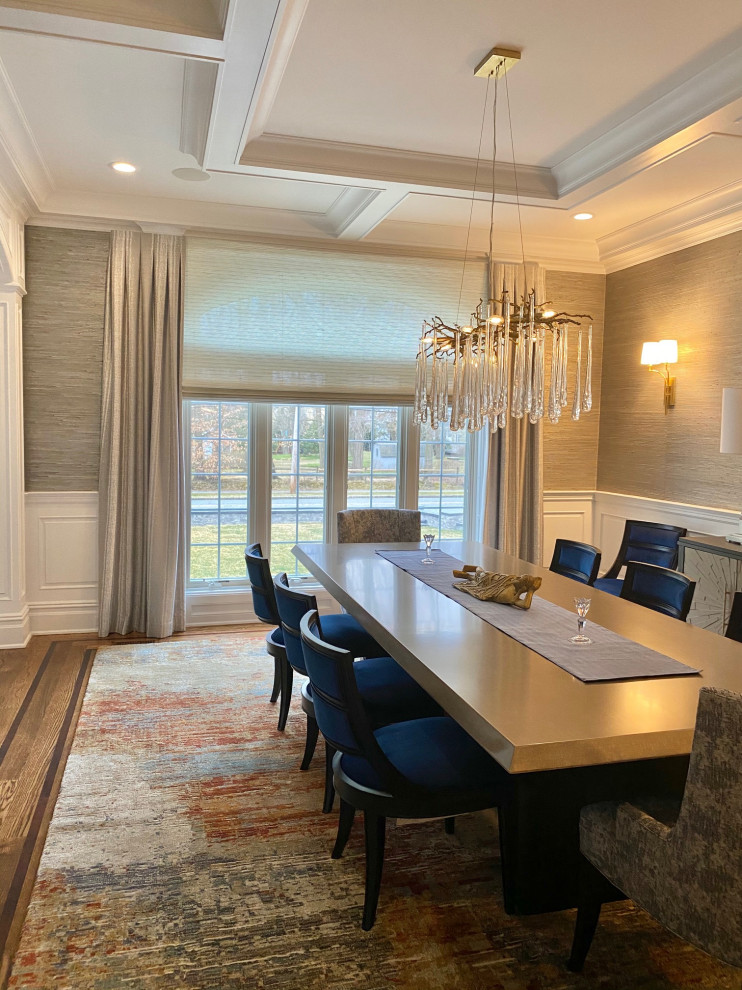 This is an example of a large traditional enclosed dining room in New York with grey walls, medium hardwood flooring, blue floors, a coffered ceiling and wallpapered walls.