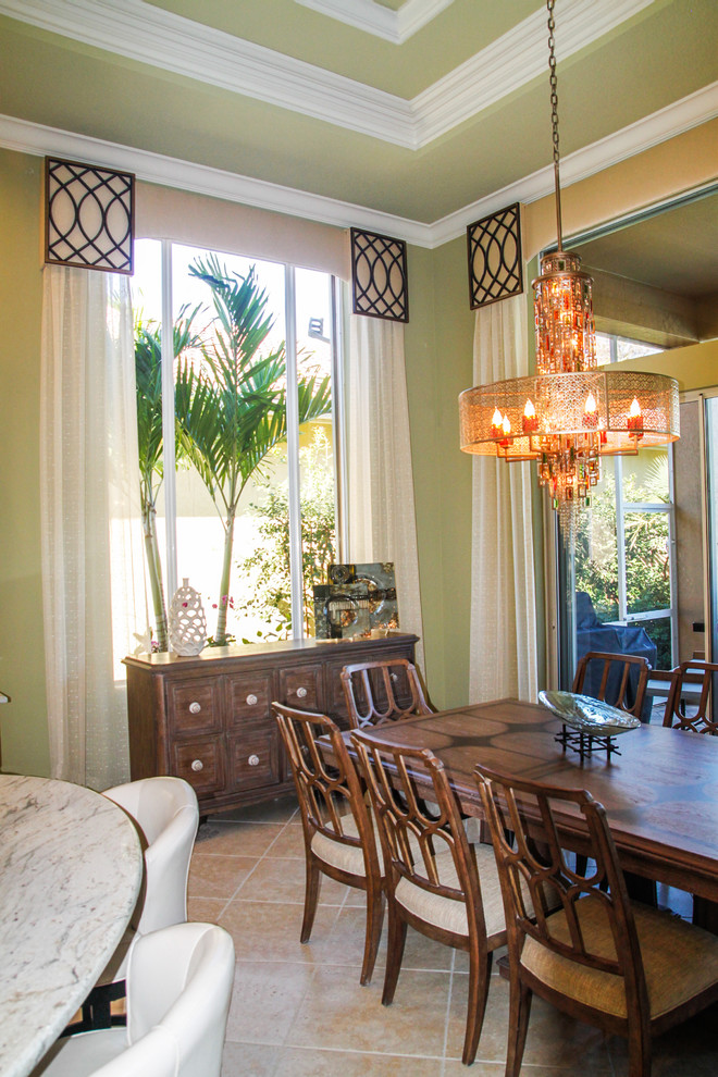 Great room - small tropical ceramic tile and beige floor great room idea in New York with green walls and no fireplace