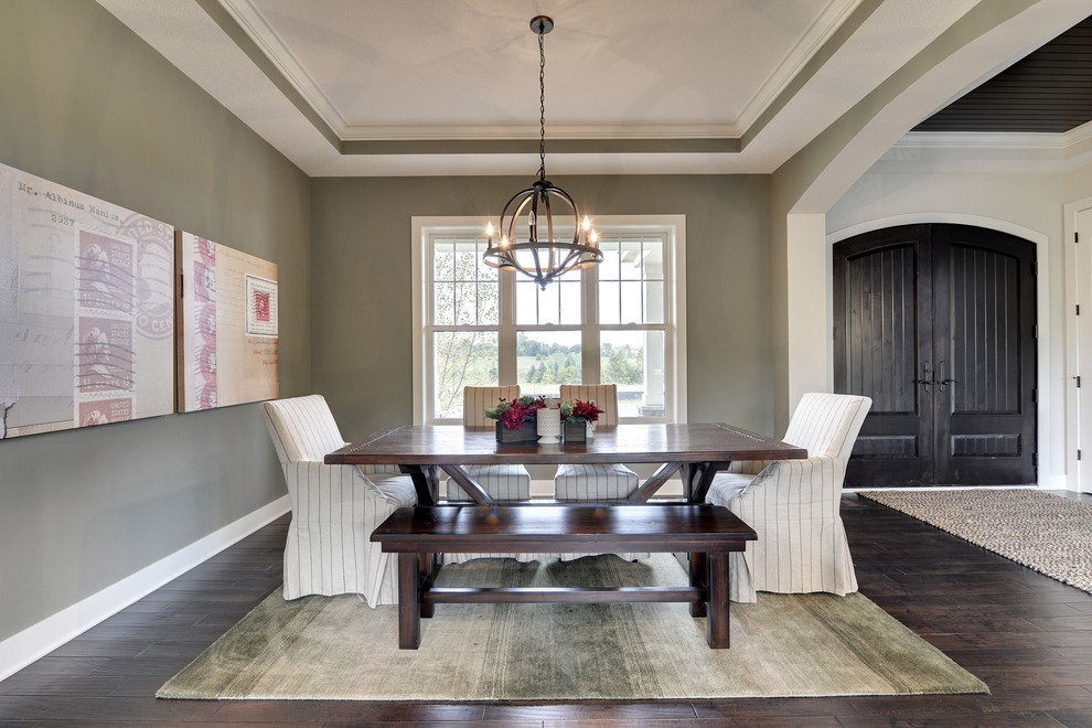 Enclosed dining room - large transitional dark wood floor enclosed dining room idea in Minneapolis with gray walls and no fireplace