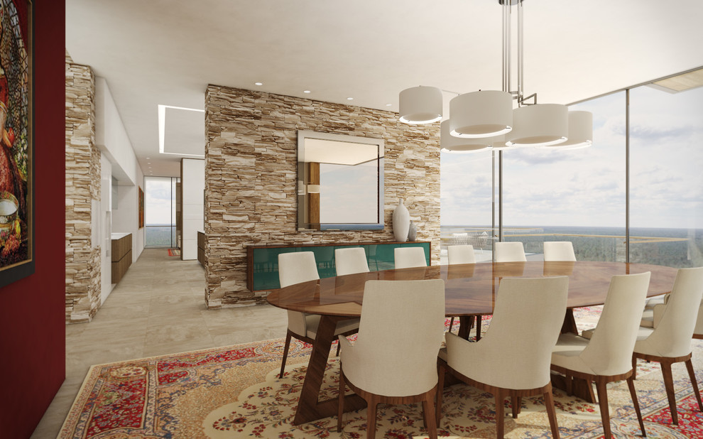 Идея дизайна: большая гостиная-столовая в стиле модернизм с разноцветными стенами, полом из сланца и бежевым полом без камина