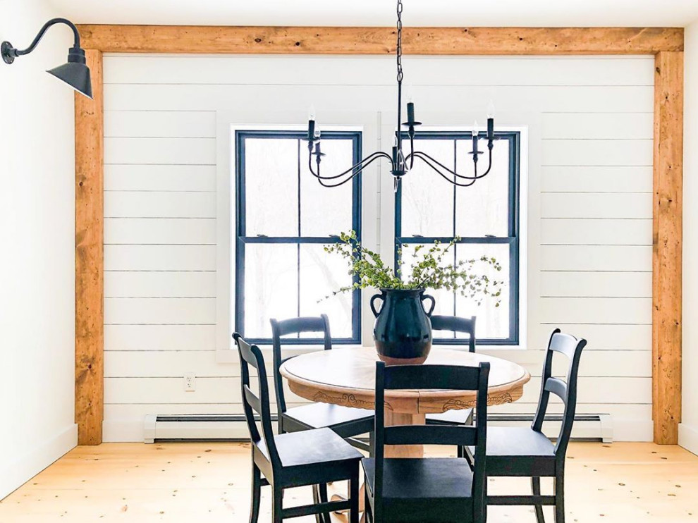 Breakfast nook - mid-sized country light wood floor, beige floor and shiplap wall breakfast nook idea in Tampa with white walls, a standard fireplace and a shiplap fireplace