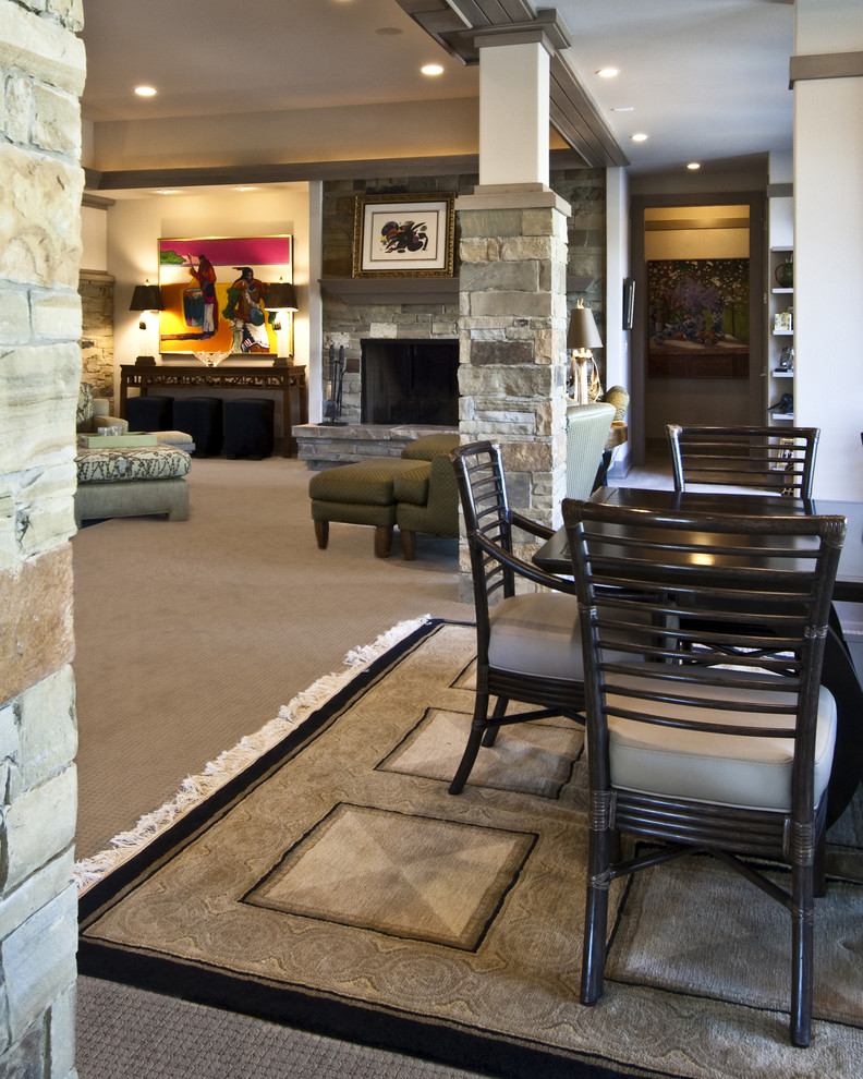 Inspiration for a mid-sized craftsman carpeted great room remodel in Other with white walls, a standard fireplace and a stone fireplace