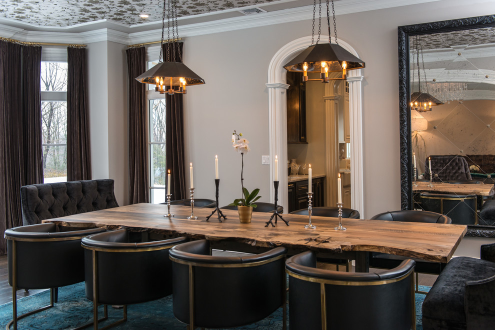 Dining room - transitional dark wood floor dining room idea in New York with beige walls