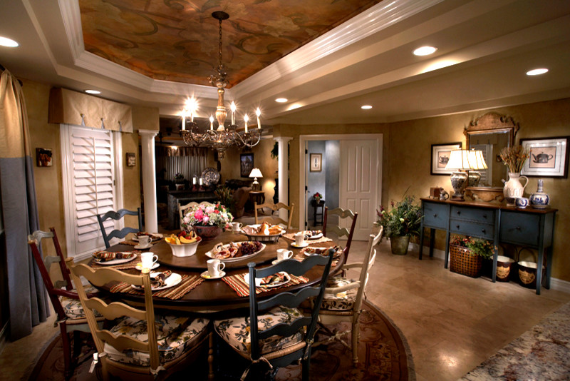 Photo of a medium sized traditional kitchen/dining room in Tampa with beige walls, ceramic flooring and no fireplace.