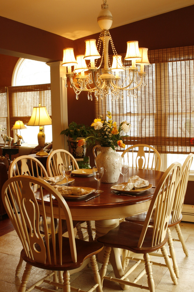 Inspiration for a timeless dining room remodel in New York with brown walls