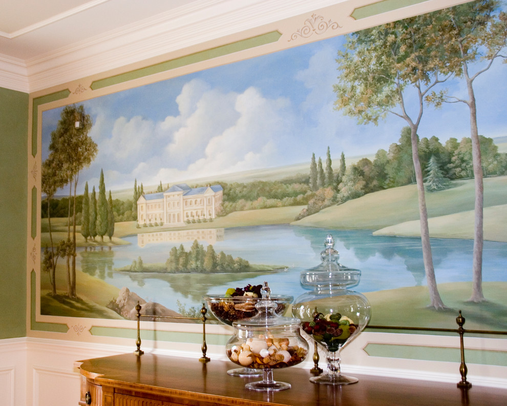 French pastoral mural Traditional Dining Room New York by