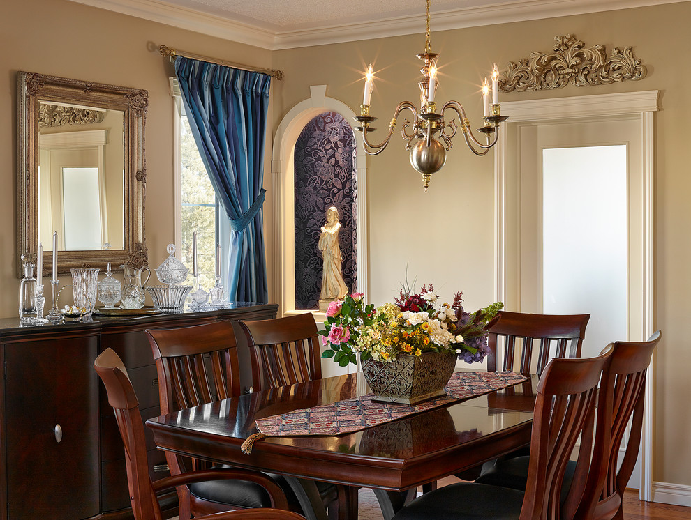 Inspiration for a mid-sized timeless enclosed dining room remodel in Edmonton with beige walls and no fireplace