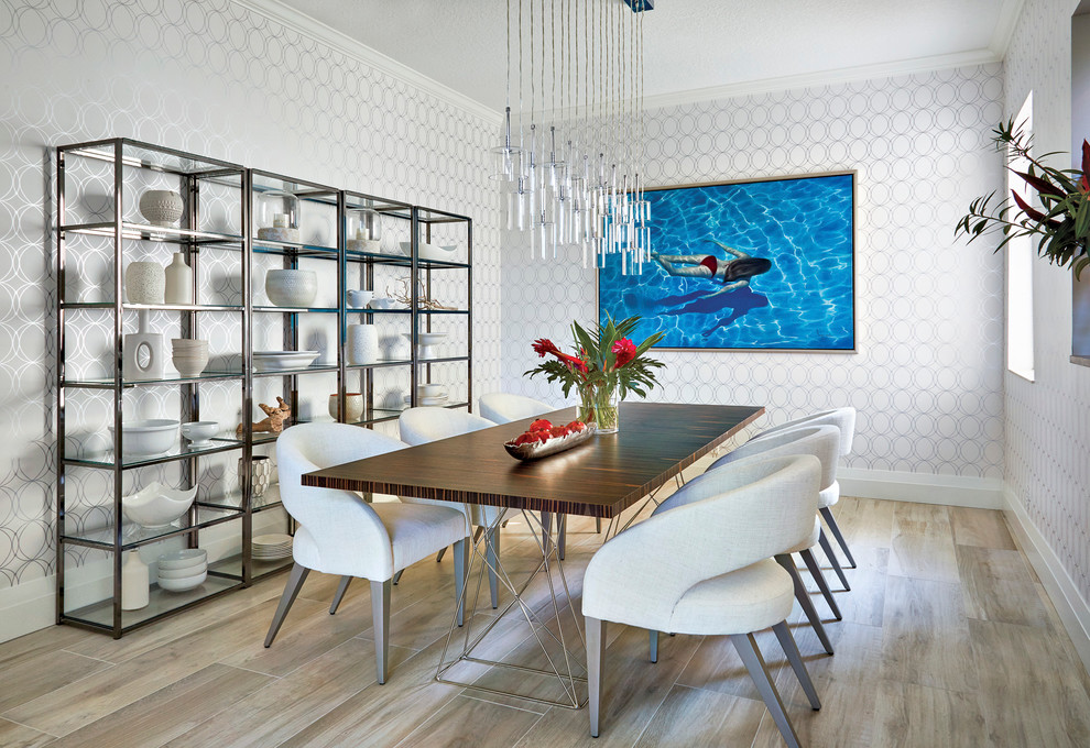 Mid-sized minimalist porcelain tile dining room photo in Miami with white walls