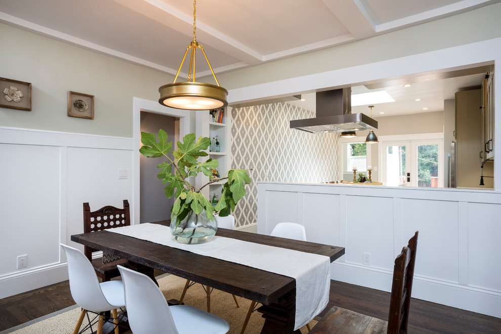 Inspiration for a traditional dining room in San Francisco with green walls and dark hardwood flooring.