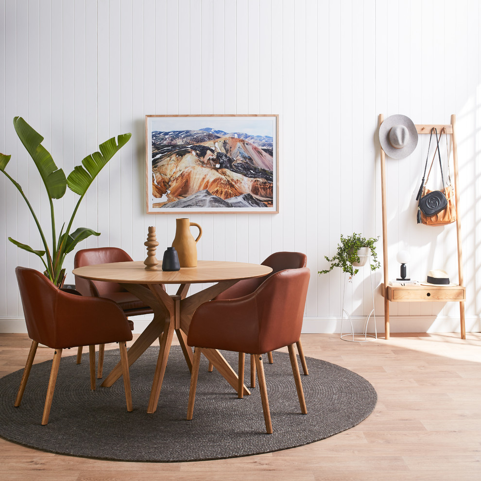 Design ideas for a medium sized scandinavian dining room in Sydney with white walls, vinyl flooring and beige floors.