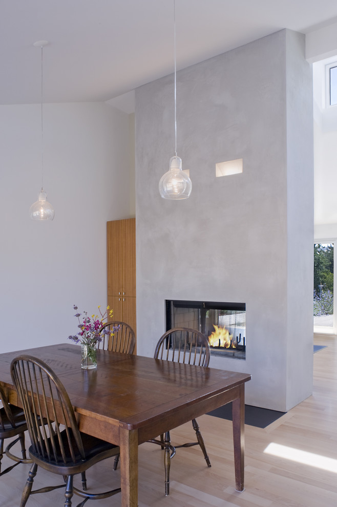 Inspiration for a transitional light wood floor dining room remodel in San Francisco with gray walls and a two-sided fireplace