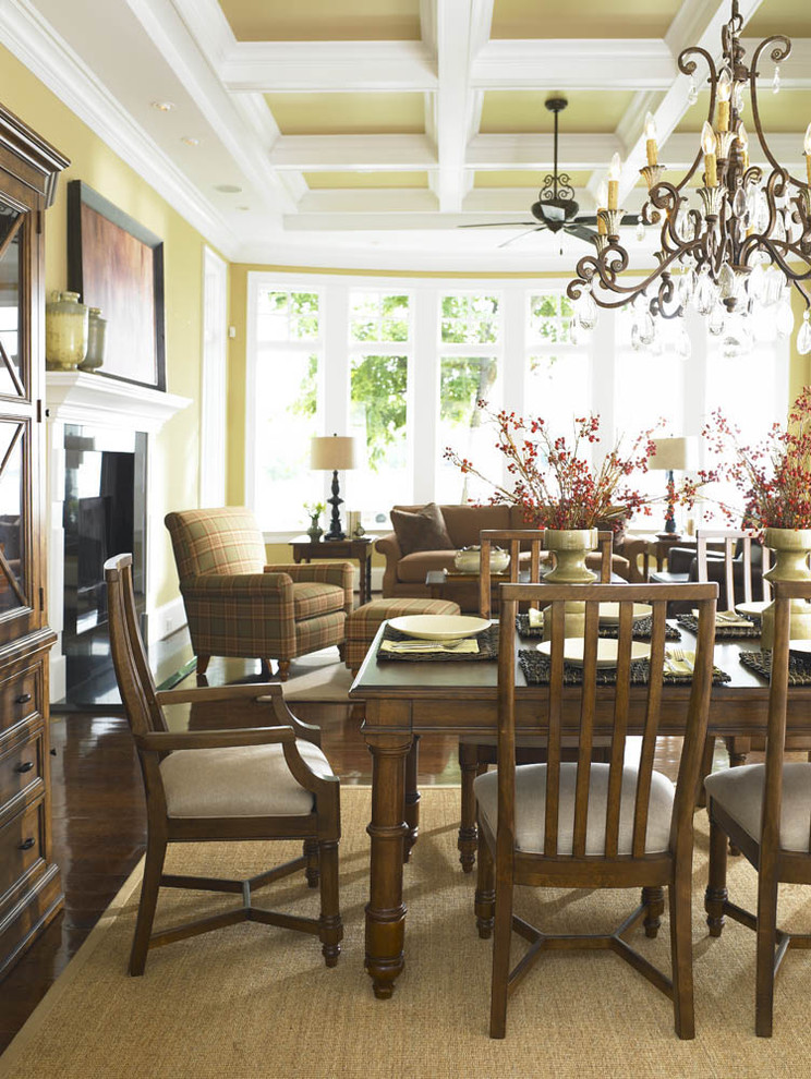 Inspiration for an eclectic dark wood floor dining room remodel in Charlotte with yellow walls