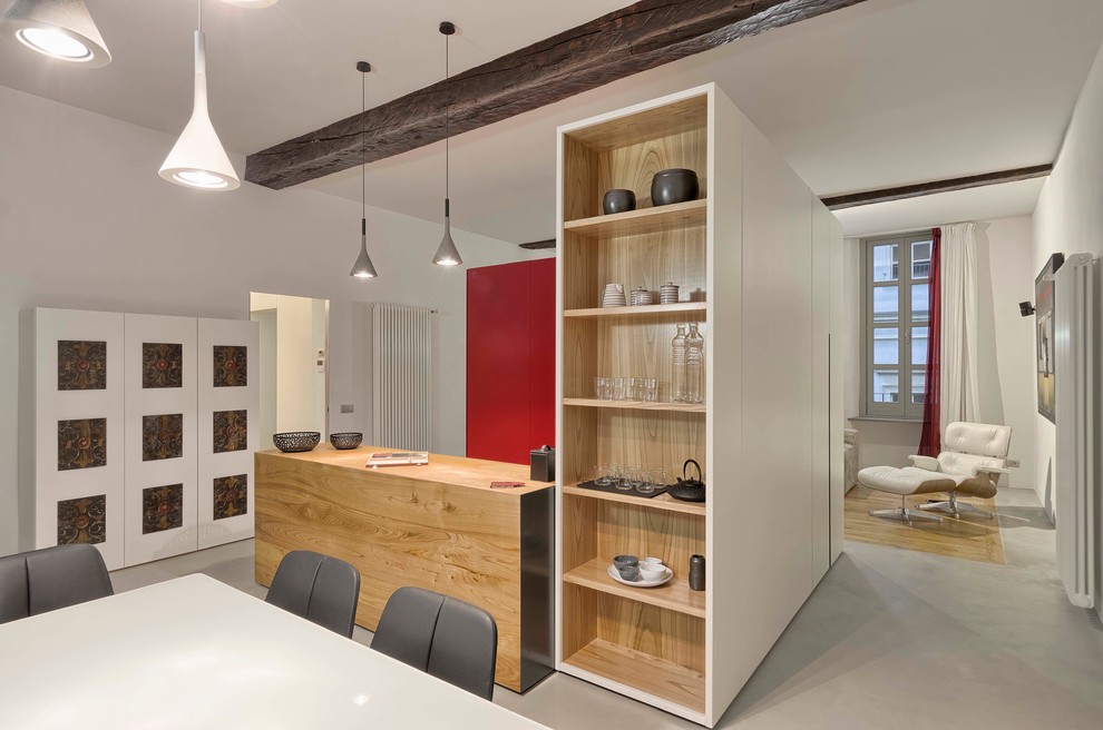 Idee per una sala da pranzo design con pareti bianche e pavimento in gres porcellanato