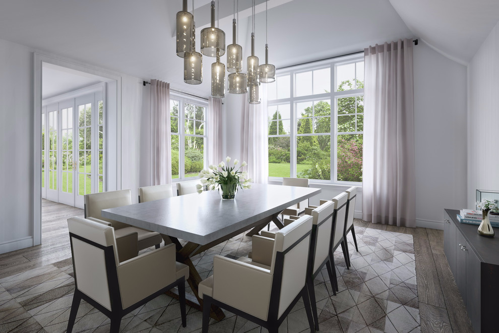 Esempio di una sala da pranzo classica chiusa e di medie dimensioni con pareti bianche, pavimento in laminato e pavimento marrone