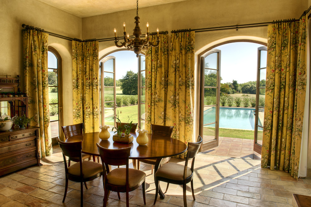 Inspiration for a mediterranean dining room remodel in Other with yellow walls