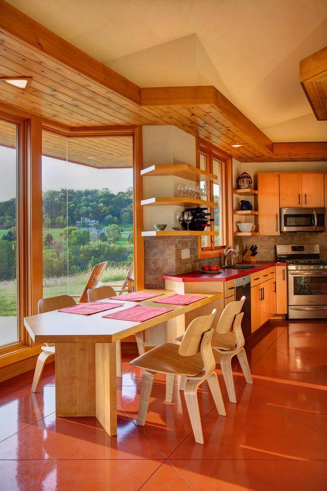 Immagine di una sala da pranzo aperta verso la cucina moderna con pavimento rosso